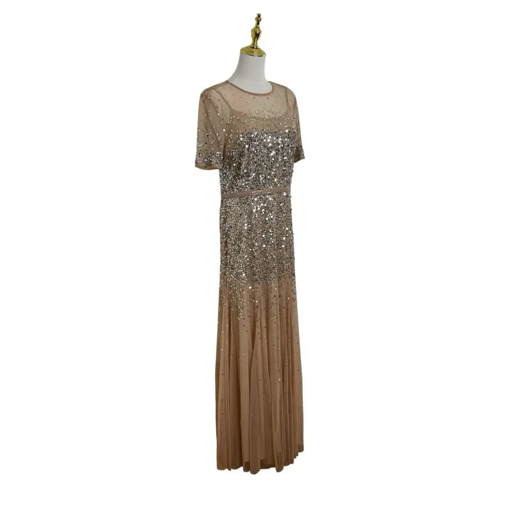 Mac Duggal 93909 Nude Silver Sequin Gown Sheer High Neck Short Sleeve Size 14 - Picture 5 of 8